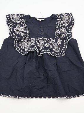 Sea New York Eyelet Ruffle Blouse Womens 8 Navy Blue Embroidered Scalloped Hem‎